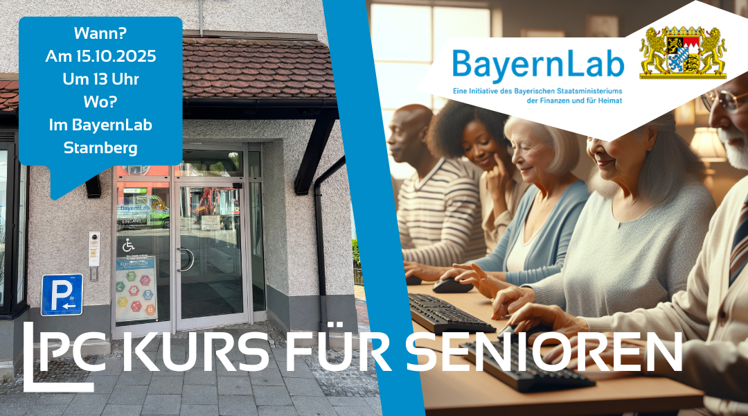 How2PC Kurs für Senioren im BLAB STA Ein zweigeteiltes Bild mit dem Eingang des BayernLab Starnbergs links und einem KI generierten Bild von Senioren an PCs.